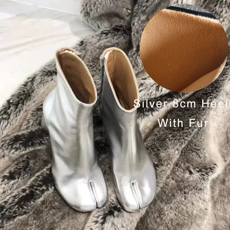 Luxury Brand Designer Tabi Split-toe Ankle Boots Women Genuine Leather Chunky Round Heel Short Boots 2024 Autumn Winter Shoes