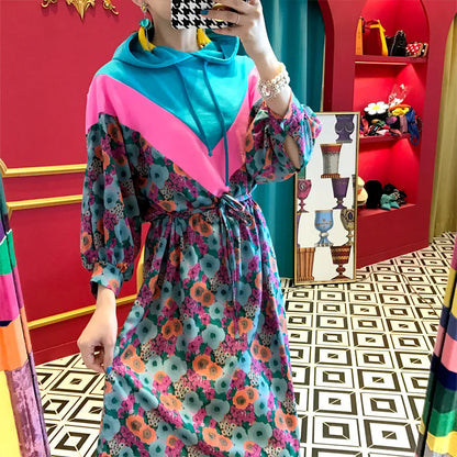 Chic Retro Floral Print Hooded Long Sweater Dr Women's High Waist Color Blo Waisand Casual Comfortable Autumn Dr