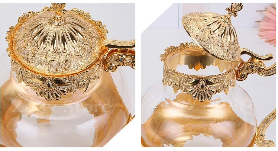 Palace Golden Glass Teapot Kitchen Metal Cold Kettle Coffee Pot European Style Home Decoration Glassware Birthday Wedding Gifts