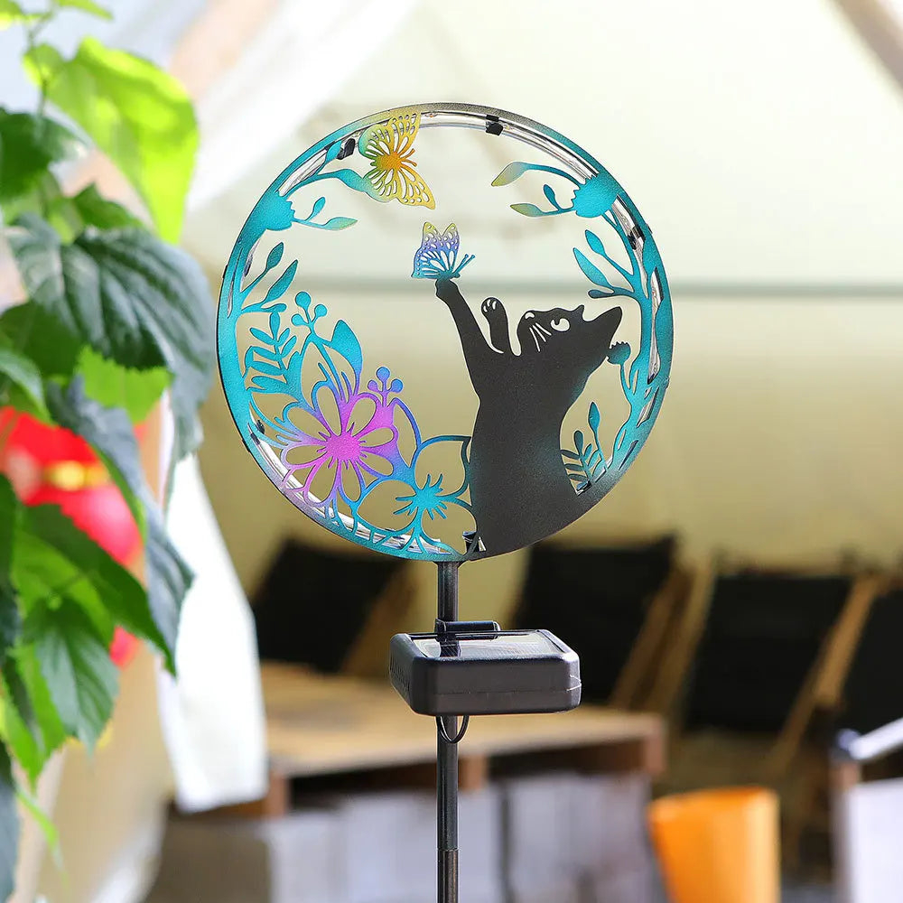 Solar Wrought Iron Cat Butterfly Ground Plug Lights, Outdoor Courtyard Projection, Lawn LampAtmosphere Decoration, Cross-Border