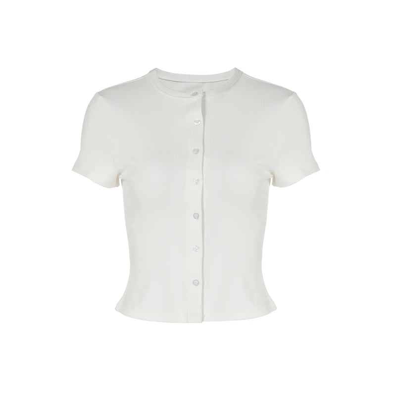 Stand Collar Button Hollow Out T-shirt Women Sexy Solid Short Sleeves Slim Fit Cropped Shirts 2026 Lady Daily Street Outwear New