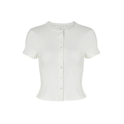 Stand Collar Button Hollow Out T-shirt Women Sexy Solid Short Sleeves Slim Fit Cropped Shirts 2026 Lady Daily Street Outwear New