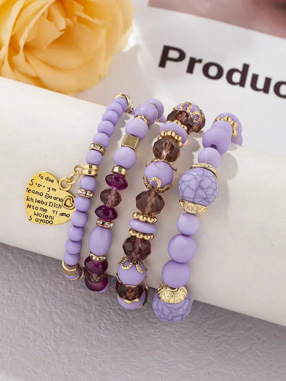4Pcs Bohemia Acrylic Beaded Bracelet Set For Women Solid Heart Charm Elastic Chain Bangle Men Retro Daily Wear Jewelry Gift