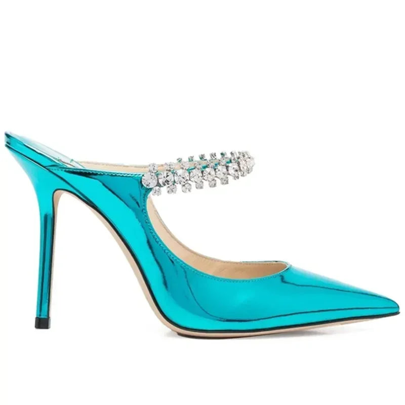 2025 New Fashionable Fine Heeled Muller Shoes with Pointed Water Diamond Chain Banquet Shallow Mouth Women's High Heel Sandals