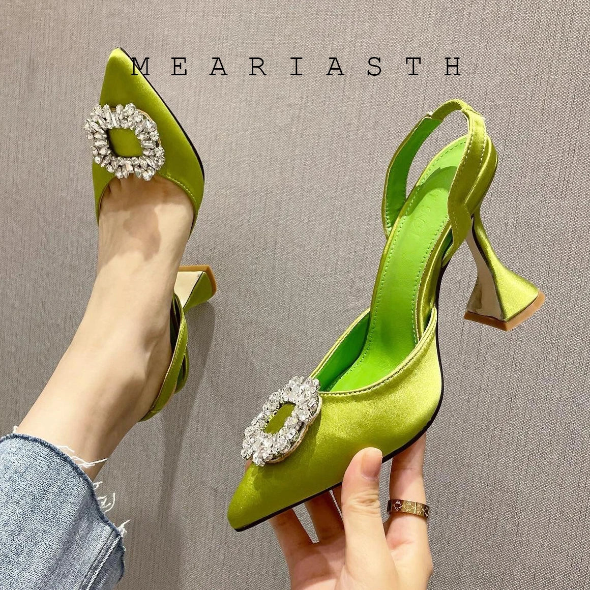 Brand Silk Women Pumps Luxury Crystal Slingback High Heels Summer Bride Shoes Comfortable triangle Heeled Party Wedding Shoes