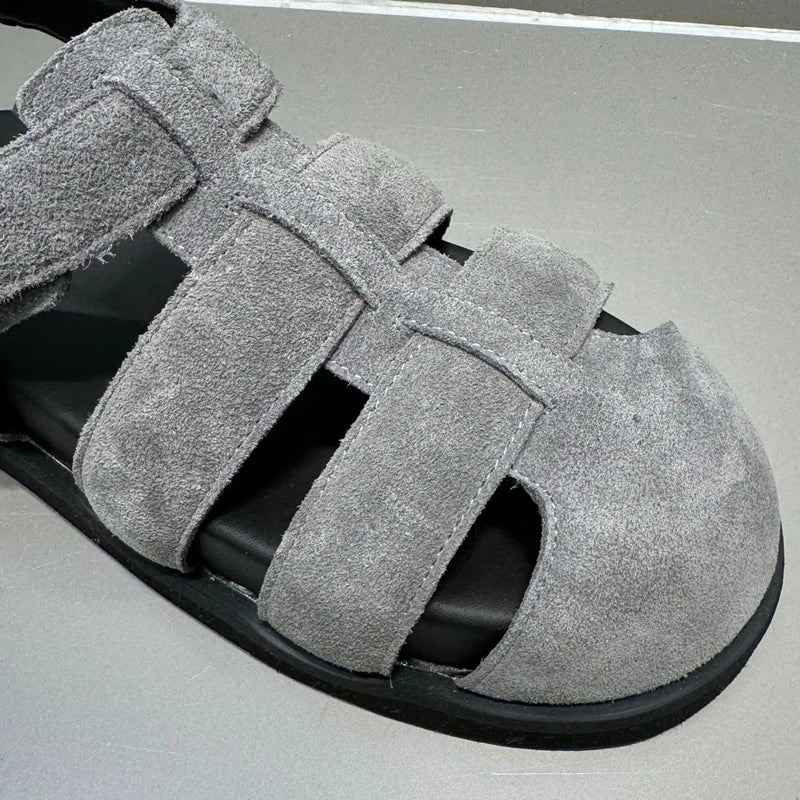 AUTUSPIN Retro Women Genuine Leather Flat Sandals Fashion Comfort Casual Buckles Shoes Woman Summer Hollow Out Sandals Round Toe