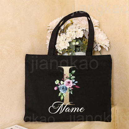 Personalized Initial with Name Tote Bag Women Canvas Shoulder Bags Monogram Shopping Bag Handbags Birthday Wedding Gifts for Her