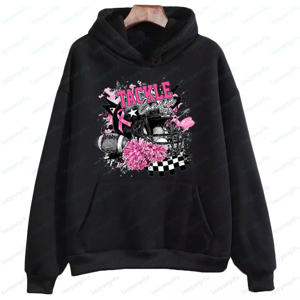 Football Tackle Cancer Sportswear Breast Cancer Awareness Tops Pink Out Cancer Preppy Game Day Clothing Pink Ribbon Women Hoodie
