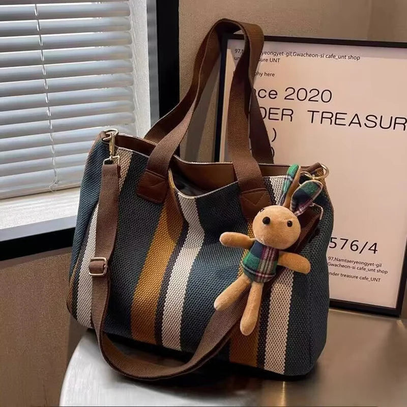 Tote Bag for Women Large Capacity Canvas Striped Shoulder Bag with Cute Pendant Commute Handbag Casual Versatile Crossbody Bag