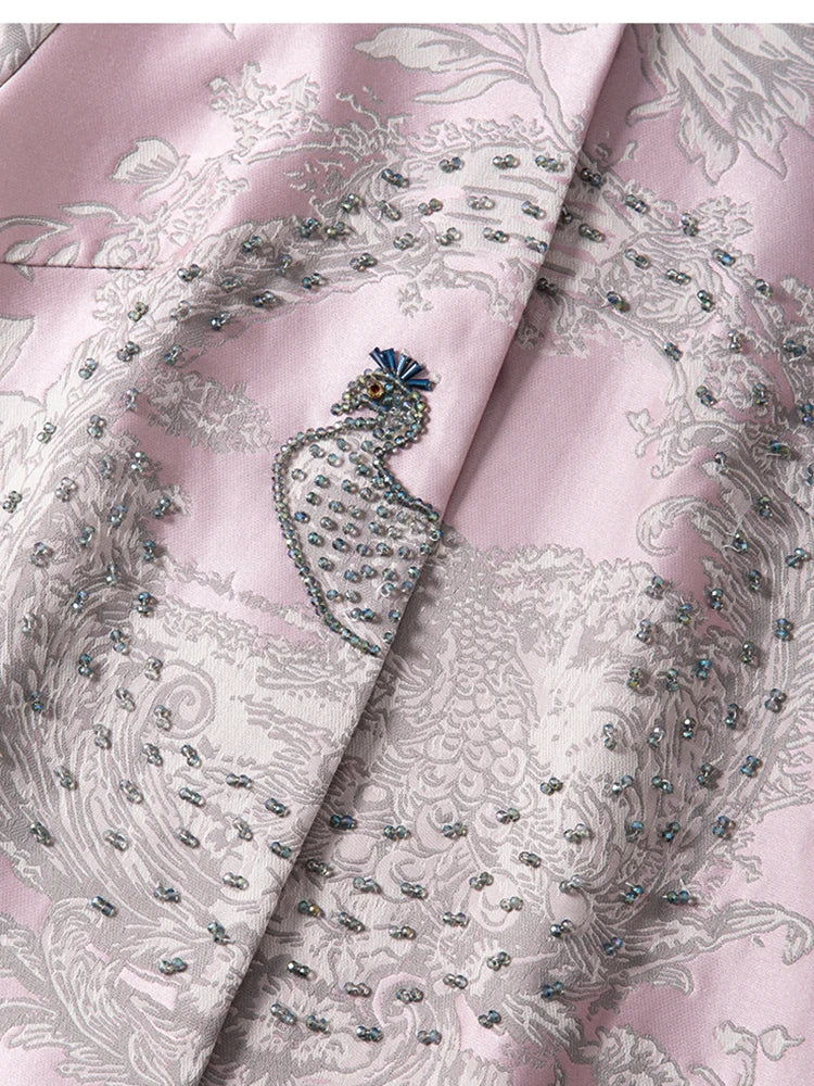 Luxury Beaded Pink Chinese Style Women's Top 2025 Loose Shoulder Embroidery Jacquard Elegant Fashion Blouse Outerwear