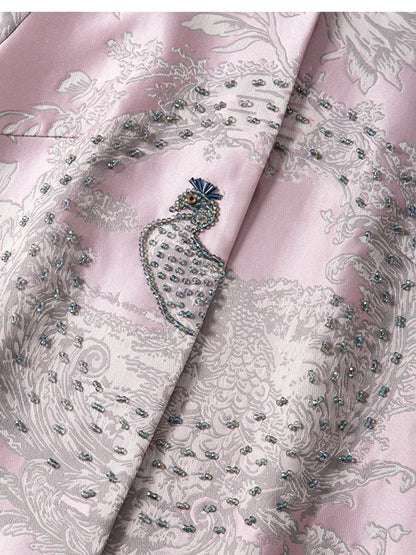 Luxury Beaded Pink Chinese Style Women's Top 2025 Loose Shoulder Embroidery Jacquard Elegant Fashion Blouse Outerwear