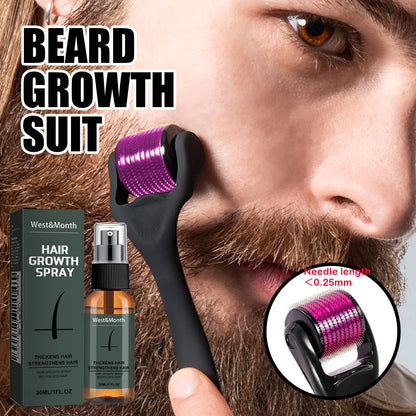 Men's Beard Growth Spray Kit with Micro Roller Moisturizing Thicken Facial Hair Beard Growth Essence Nourishing Spray Beard Care