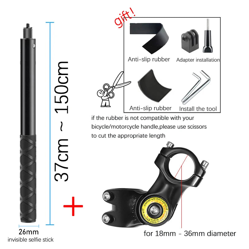 Motorcycle Bike Panoramic Monopod Bicycle Hidden Selfie Stick for GoPro Max Her 11 10 9 One DJI Insta360 Action Camera Accessory