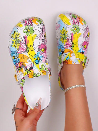 Women's Fashion Floral Print Clogs, Eva Summer Non-Slip Work Shoes, Lightweight Flat Soft Sole Adjustable Buckle Closed Toe Suitable for Beach Garden Autumn