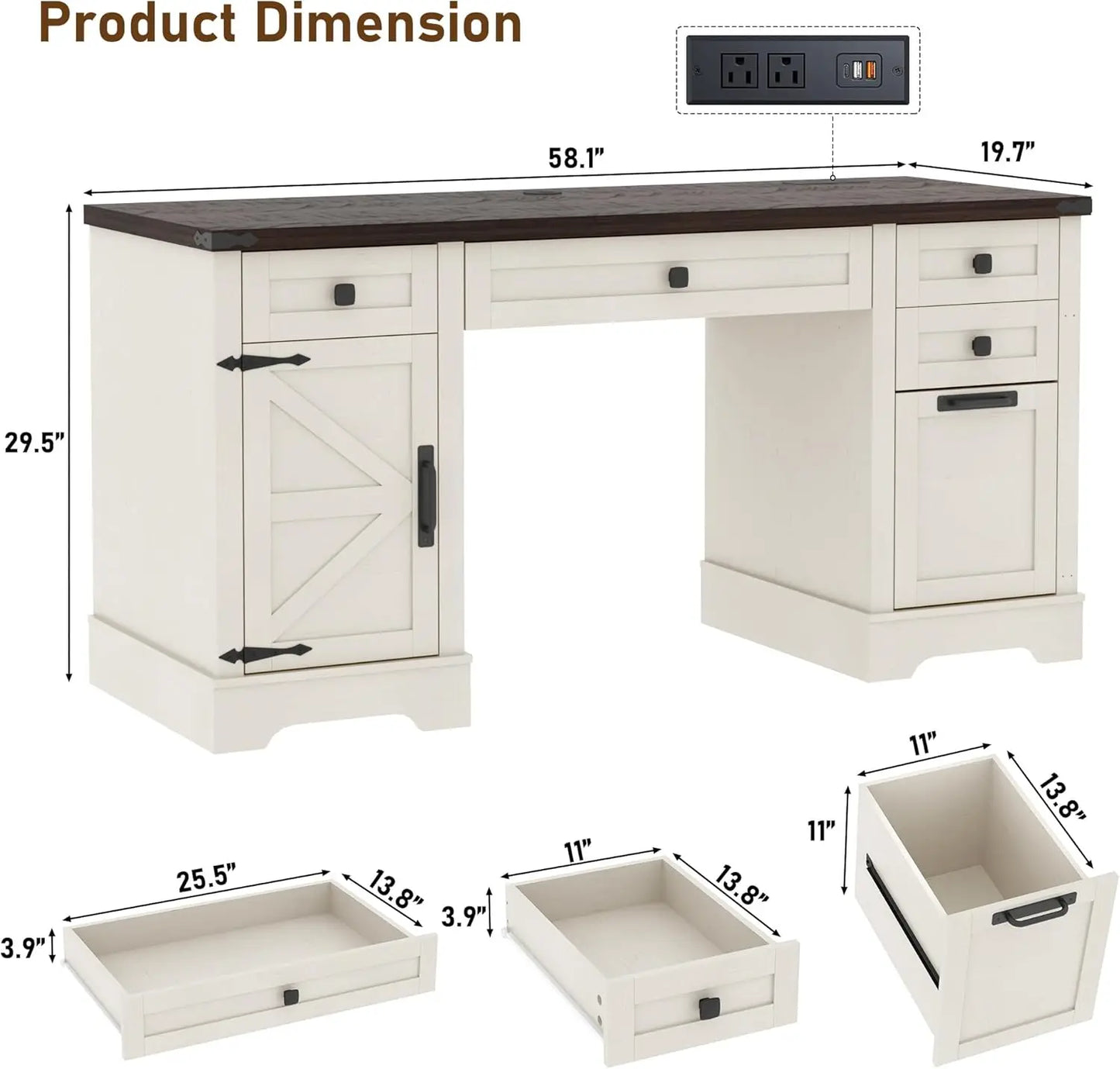58'' Farmhouse Home Office Desk with Drawers, Wooden Executive Desk with Charging Station, File Drawers and Storage