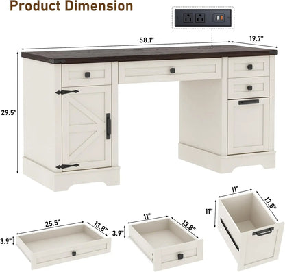 58'' Farmhouse Home Office Desk with Drawers, Wooden Executive Desk with Charging Station, File Drawers and Storage