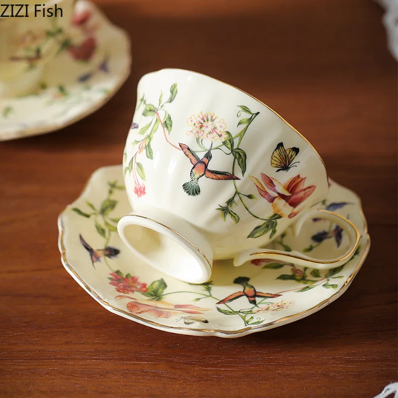 Flower and Bird Patterns Ceramic Cup&saucer Dining Table Coffee Mug Milk Cups Afternoon Tea Teacup Fruit Juice Container