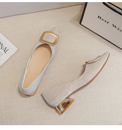 Womens Light Blue Glitter Pointed Toe Block Heel Pumps With Gold Square Buckle Detail Metallic Heel Elegant Dress Shoes Ladies