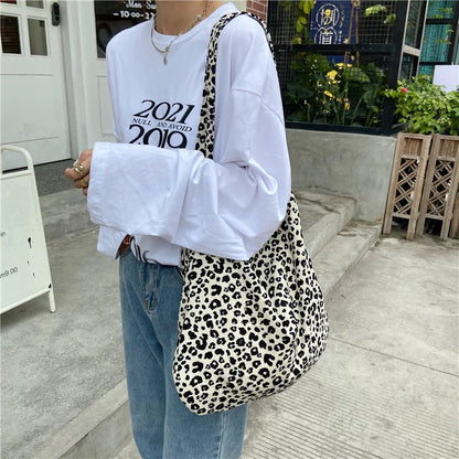 Women's Shoulder Bags Leopard Print Flower Fashionable Trendy Canvas Cross Bags Large Capacity Portable Shopping Shoulder Bags