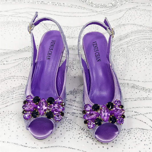 African Newest Mature Classics Style Platform Design Rhinestone Decoration Party Wedding Shoes and Bag in Purple Color