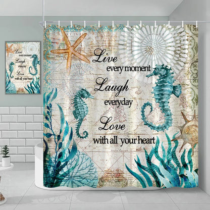 Nautical Green Sea Turtle Beach Theme Fabric Shower Curtain Set Bathroom Blue Ocean Decor with Grommets and Hooks