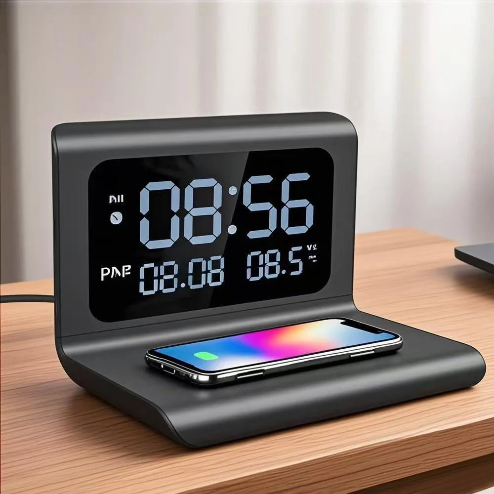 Wireless Charger Pad Stand with Alarm Clock Thermometer for iPhone 17- 11 X Xiaomi Samsung 15W Phone Fast Charging Station