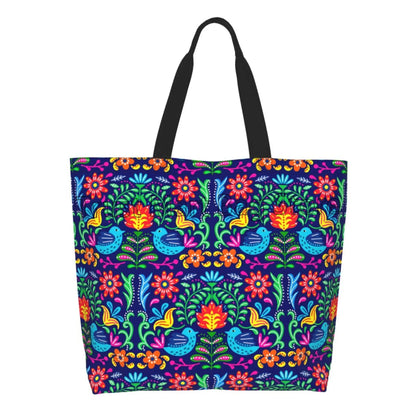 Mexican Ethnic Flowers Tote Bag Large Capacity Zipper Women Grocery Bags Purse Shopping Handbags Casual Travel Shoulder Bag