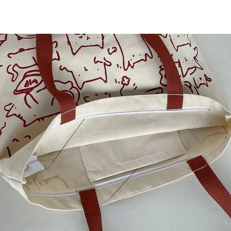 Canvas Bags Handbag for Women Shopper Cute Cat Tote Bag with Zipper Designer Bag Japanese Style Cartoon Small Shoulder Bags
