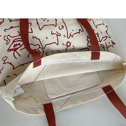 Canvas Bags Handbag for Women Shopper Cute Cat Tote Bag with Zipper Designer Bag Japanese Style Cartoon Small Shoulder Bags