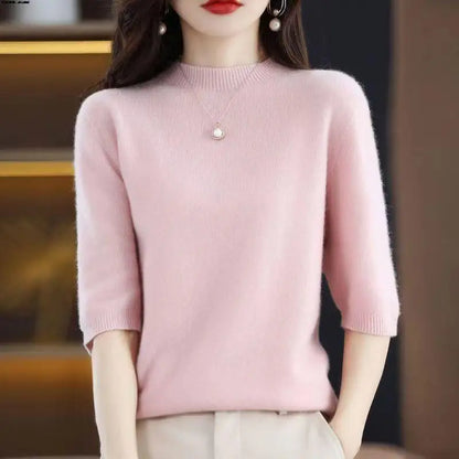 2026 New Soft Short Sleeve Women's Half High Neck Overhead Wool Blend Simple Loose Thin Seven Sleeve Woolen Sweater