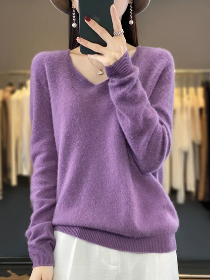 100% Merino Wool Women's Sweater V-Neck Long Sleeve Pullovers Autumn Winter Basic Jumper Cashmere Knitwear Warm Female Clothing