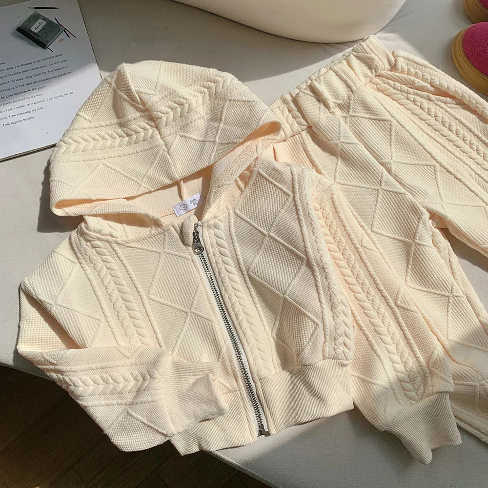Flared Pants Childrens Set Girls Autumn New Korean Short Knitting Long Sleeved Tops Forking Two Piece Tide Hooded