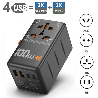TESSAN 35W/65W/100W GaN Universal Travel Adapter with USB Ports Type C Fast Charging Power Adapter EU/UK/USA/AUS Plug for Travel