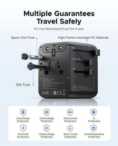 ORICO Universal Travel Adapter Worldwide All-in-One 20W GaN with AC Outlet USB A Type C Dual 10A Fuses Fast Charging EU US UK AU