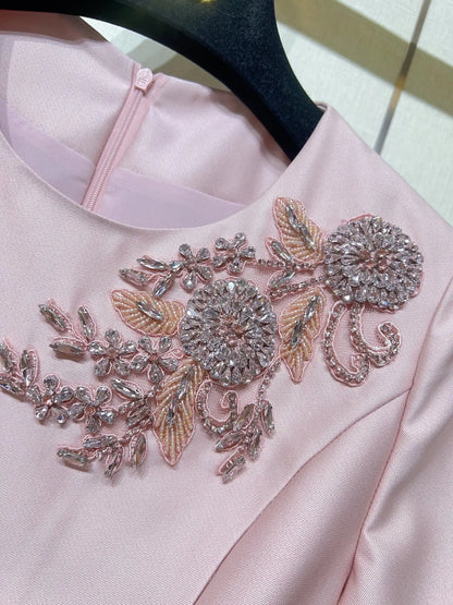 ZJYT Elegant Luxury Diamonds Dress Women 2026 Spring Summer Short Sleeve Midi Special Party Eve Dresses Pink Casual Vestidos