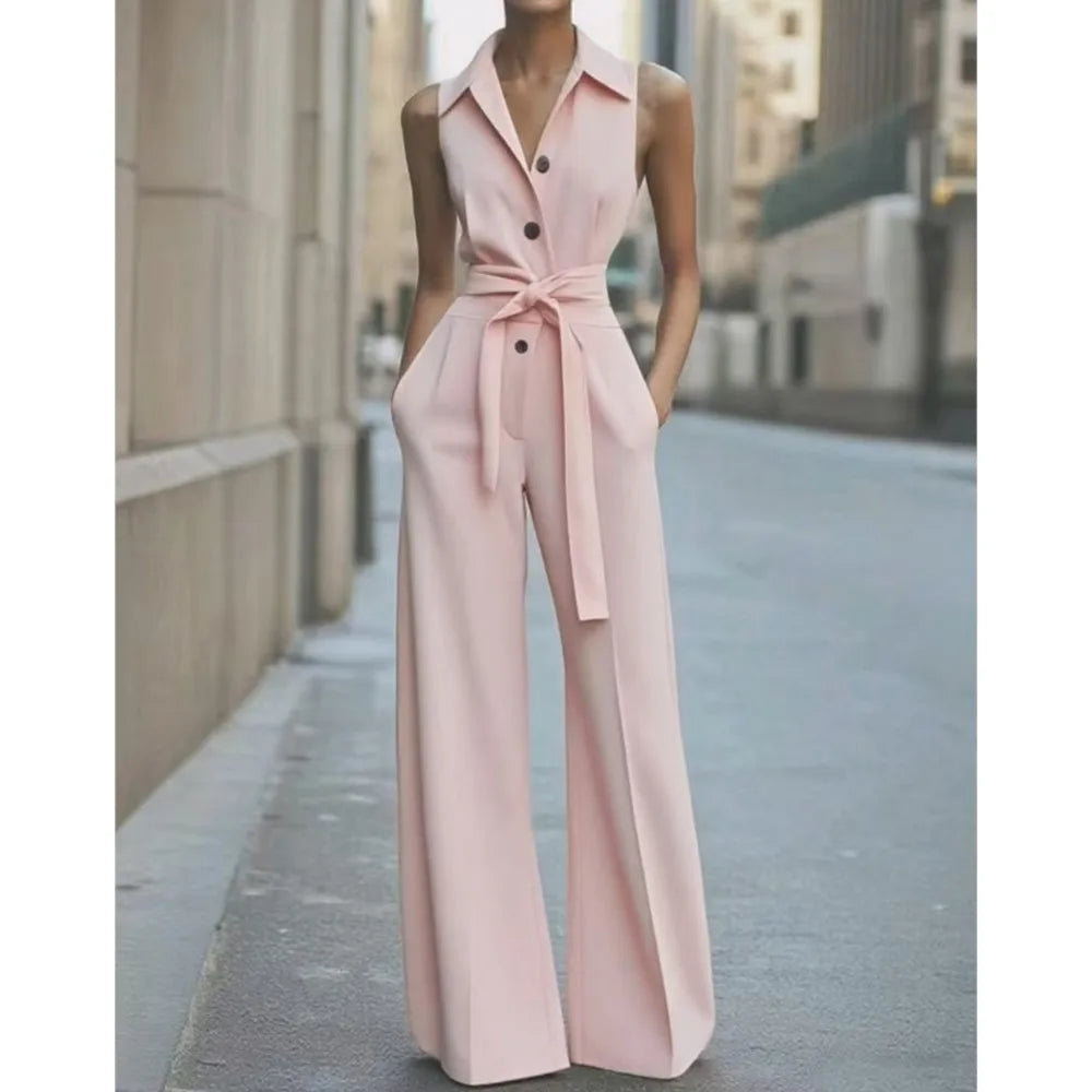 Sleeveless Lapel Jumpsuit Women's Fashion Button Down Shirt Collar Solid Color Wide Leg Commuting Office With Pocket Jumpsuit