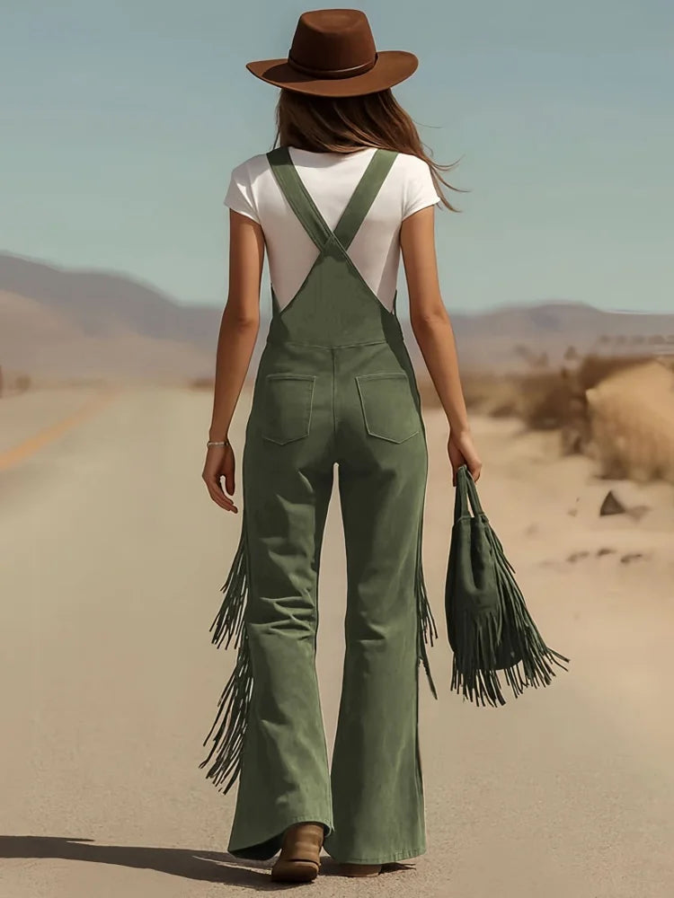 Women's Four-Season Retro Western-Style Tassel Design Overalls, Suitable for Daily Commuting, Going Out, Dating, Holiday Parties, and Various Occasions