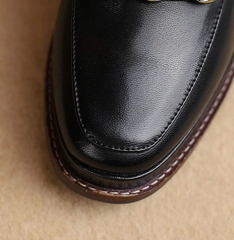 Split Cowhide Leather Shoes,Women Platform Block High Heels,Square Toe, Slip On,Retro Style,Brown,Black,Size 34-39,Dropship