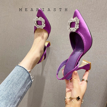 Brand Silk Women Pumps Luxury Crystal Slingback High Heels Summer Bride Shoes Comfortable triangle Heeled Party Wedding Shoes