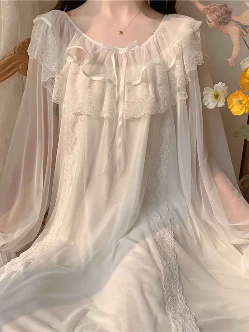 Women Ruffles Vintage Nightgowns Lolita Princess Sleepwear White Lace Mesh Fairy Night Dress Victorian Nightdress Loungewear