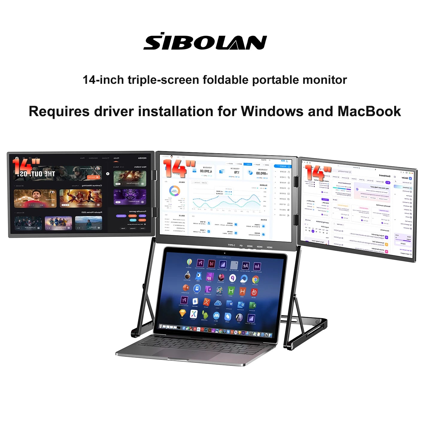 SIBOLAN 16 Inch Triple Screen Foldable Extender Display 2.5k/1080P IPS All-Metal Adjustable Stand USB C for MAC Laptop Travel