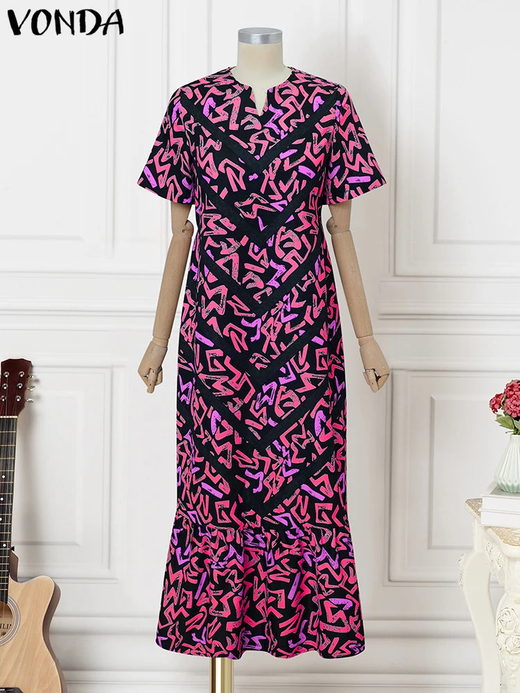 VONDA Women Vintage Maxi Dress Short Sleeve Summer Party Vestidos 2025 Casual Printed A-line Robe Bohemian V-Neck Long Sundress
