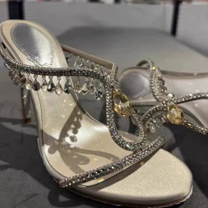 Rhinestone One-word Strap High Heels Slippers Women's 2025 New Summer Sandals Thin Heels Cool Slippers