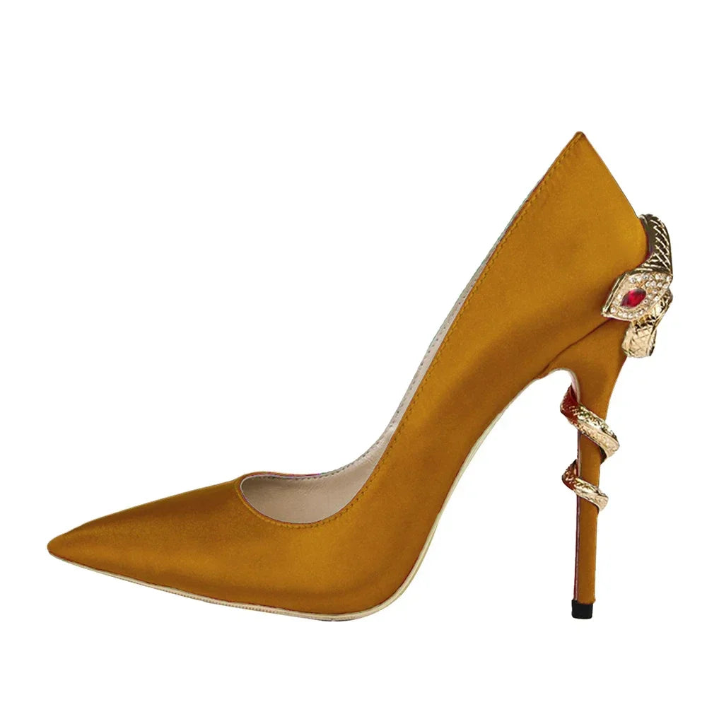 Metal Rhinestone Winding Snake Heels Pumps Women Pointed Toe Stiletto Heel Slip On Satin Pumps 2025 New Sexy Party Catwalk Pumps