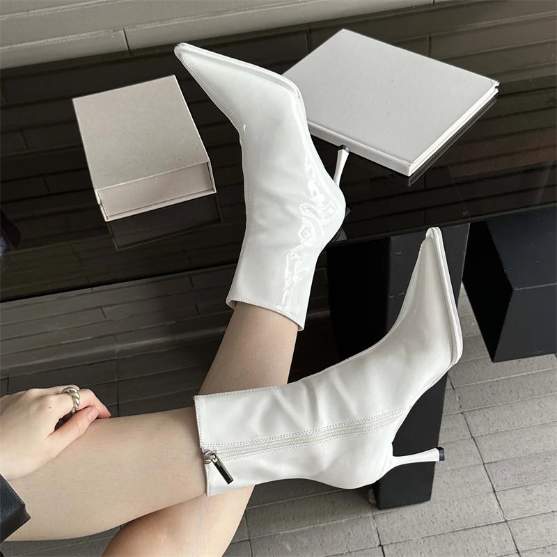 Eilyken Gold Silver Soft Leather Thin Low Heels Zippers Short Ankle Boots Women Pointed Toe Spring Autumn Stripper Ladies Shoes