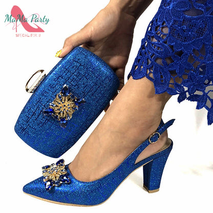 Fuchsia Color Italian Classics Design African Women Shoes and Bag Set High Quality with Shinning Crystal for Wedding Party