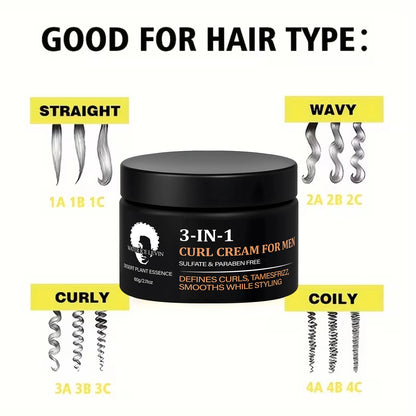 Men's 3-IN-1 Curl Cream with Coconut Oil & Collagen Defines Curls Tames Frizz Smoothes Styling Sulfate Free 60g
