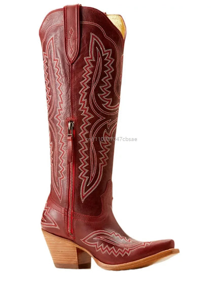 Women Western Cowboy Style Boots Pointed Thick High Heels Knee Length Embroidered Boot Autumn Block Heel Retro Casual Shoes