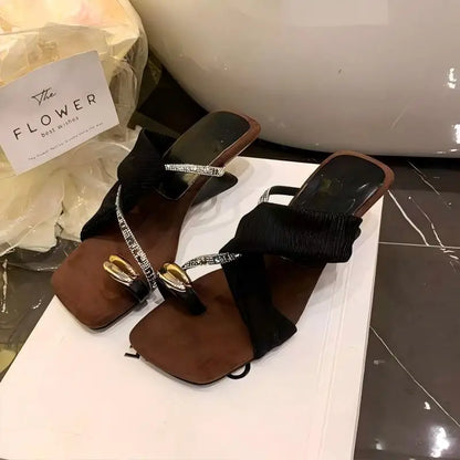 Luxury Rhinestone Square Toe Sandals  Toe Loop Women Elegant Pleated Slides Metal Decor Beach Wedding Party Dress Mules Shoes