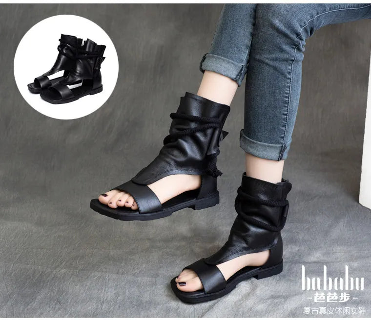 Birkuir High Top Open Toe Sandals For Women Summer Boots Luxury Hollow Out Beach Sandals Genuine Leather Flats Shoes Ladies
